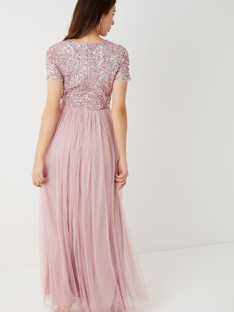 Maya Pink Petite V Neck Short Sleeve Sequin Maxi Dress - Image 2 of 4 Maya Pink Petite V Neck Short Sleeve Sequin Maxi Dress - Image 2 of 4