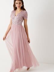 Maya Pink Petite V Neck Short Sleeve Sequin Maxi Dress - Image 3 of 4