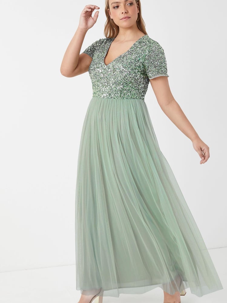Maya Sage Green Curve V Neck Short Sleeve Sequin Maxi Dress - Image 1 of 5 Maya Sage Green Curve V Neck Short Sleeve Sequin Maxi Dress - Image 1 of 5