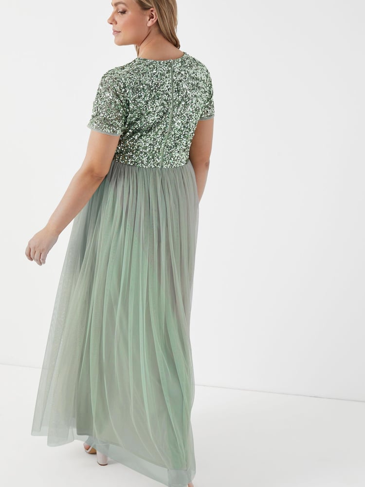 Maya Sage Green Curve V Neck Short Sleeve Sequin Maxi Dress - Image 2 of 5 Maya Sage Green Curve V Neck Short Sleeve Sequin Maxi Dress - Image 2 of 5
