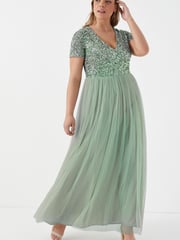 Maya Sage Green Curve V Neck Short Sleeve Sequin Maxi Dress - Image 4 of 5