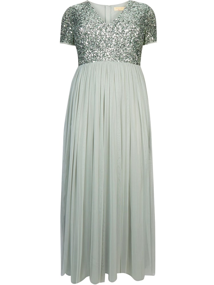 Maya Sage Green Curve V Neck Short Sleeve Sequin Maxi Dress - Image 5 of 5