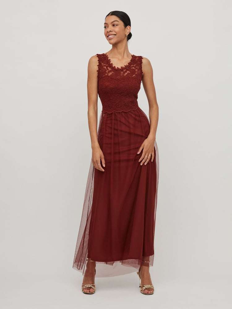VILA Red Sleeveless Lace And Tulle Maxi Dress - Image 2 of 5