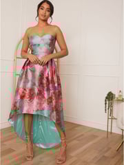 Chi Chi London Pink Strapless Printed Dip Hem Dress - Image 1 of 5