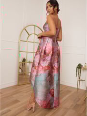 Chi Chi London Pink Strapless Printed Dip Hem Dress - Image 2 of 5