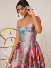 Chi Chi London Pink Strapless Printed Dip Hem Dress - Image 4 of 5