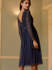 Lipsy Navy Petite Natalie Embellished Sleeved Bridesmaid Midi Dress - Image 2 of 4