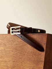 Chocolate Brown/Gold Premium Made In Italy Leather Skinny Belt - Image 5 of 7