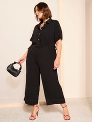 Curves Like These Black Contrast Stitch Utility Wide Leg Jumpsuit - Image 1 of 4