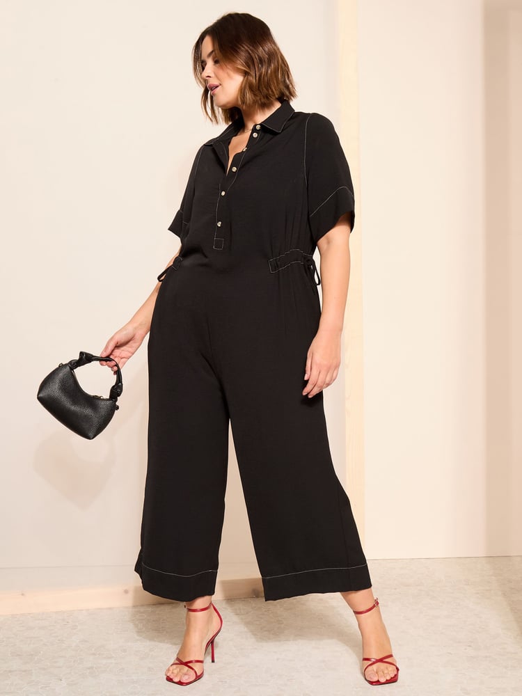 Curves Like These Black Contrast Stitch Utility Wide Leg Jumpsuit - Image 1 of 4