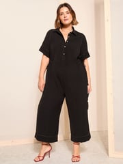 Curves Like These Black Contrast Stitch Utility Wide Leg Jumpsuit - Image 3 of 4