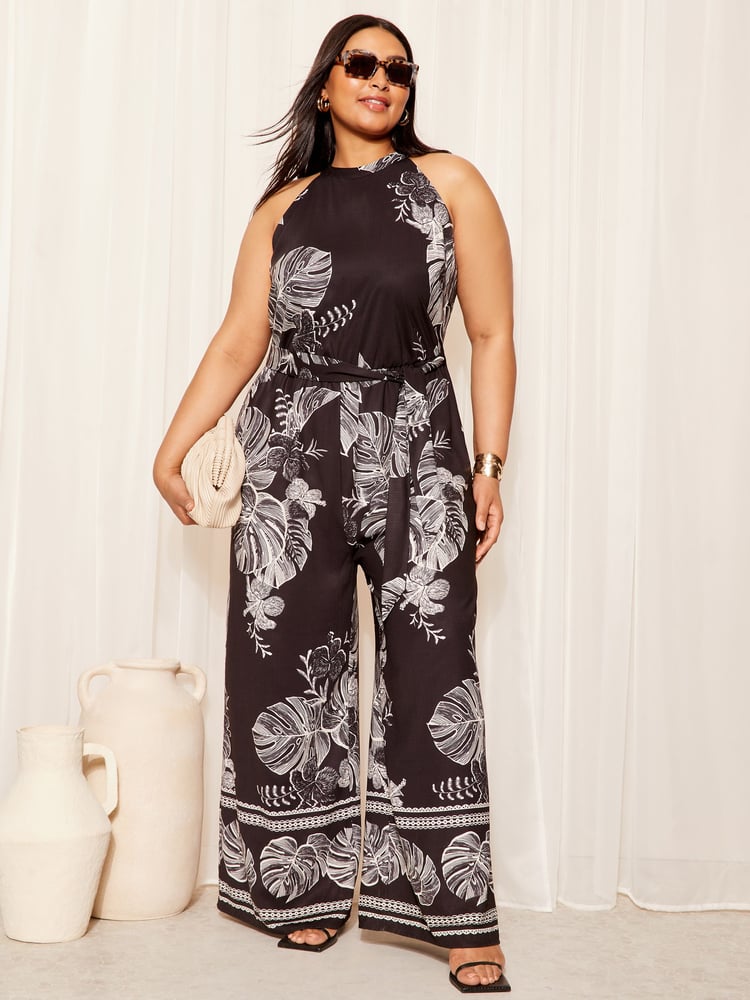 Curves Like These Black/White Halterneck Jumpsuit - Image 1 of 3