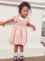 Pink Geo Printed Lace Collar Shirred Cotton Dress (3mths-8yrs) - Image 1 of 7