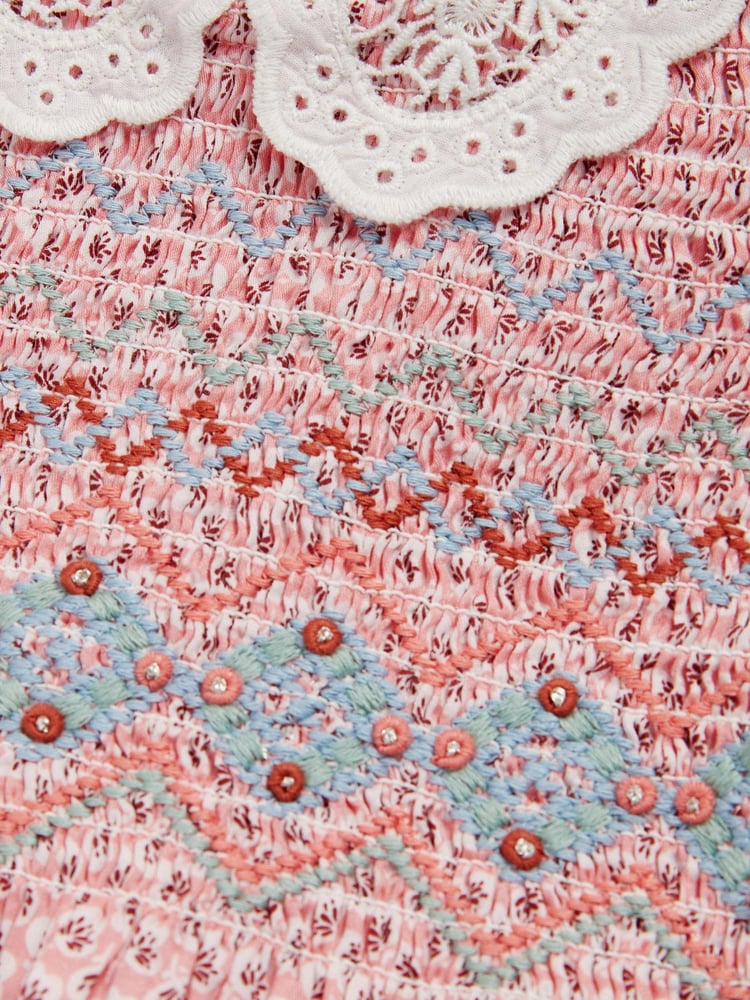 Pink Geo Printed Lace Collar Shirred Cotton Dress (3mths-8yrs) - Image 7 of 7