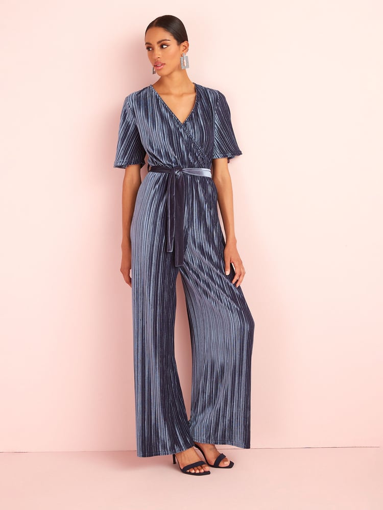Grey Velvet Plissé Wrap Jumpsuit - Image 1 of 5