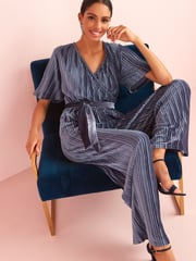 Grey Velvet Plissé Wrap Jumpsuit - Image 2 of 5