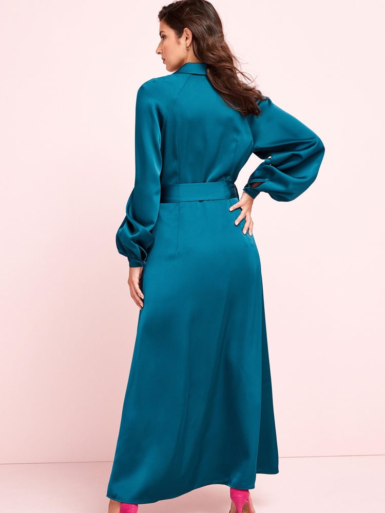 Green Long Sleeve Satin Midi Dress - Image 2 of 4