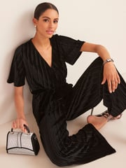 Black Velvet Plissé Wrap Jumpsuit - Image 1 of 5