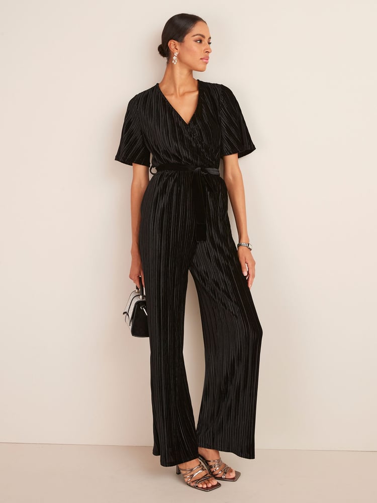Black Velvet Plissé Wrap Jumpsuit - Image 2 of 5