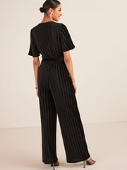 Black Velvet Plissé Wrap Jumpsuit - Image 3 of 5