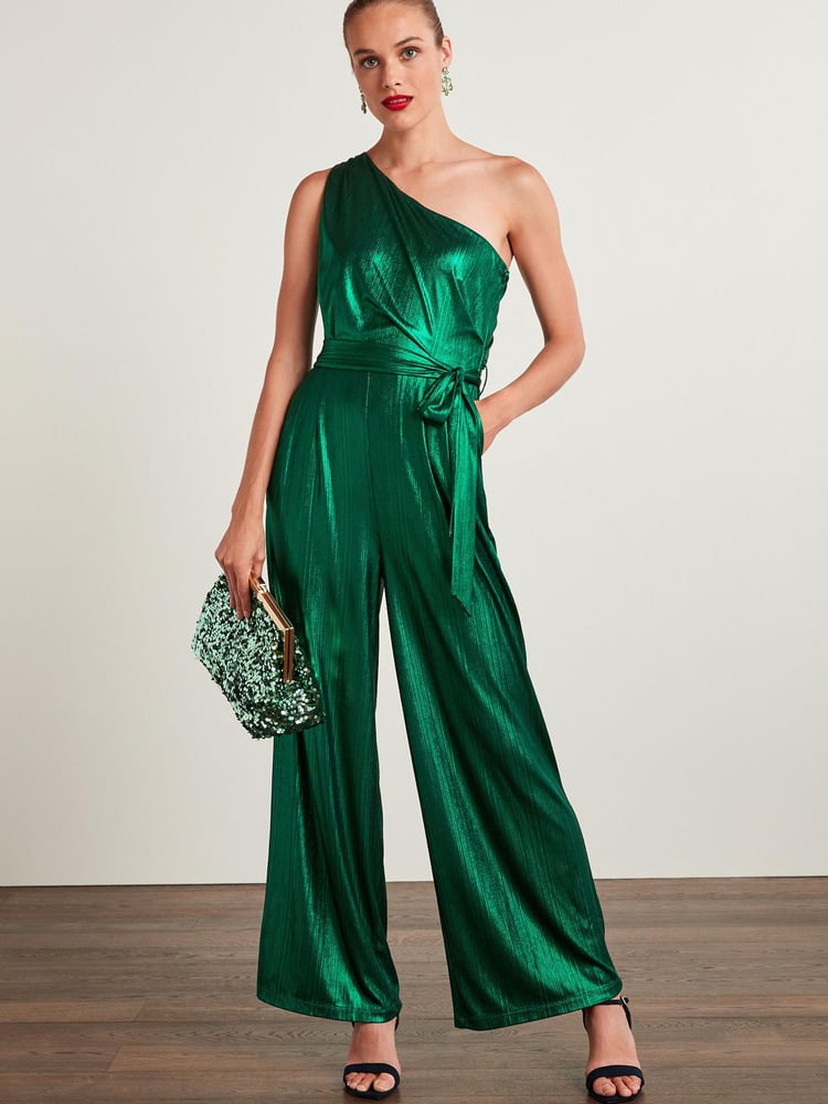 Green Next Tailored Metallic One Shoulder Jumpsuit - Image 1 of 5