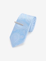 Light Blue Paisley Slim Pattern Tie And Tie Clip - Image 1 of 3