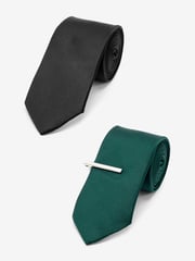 Black/Forest Green Twill Ties With Tie Clip 2 Pack - Image 1 of 5