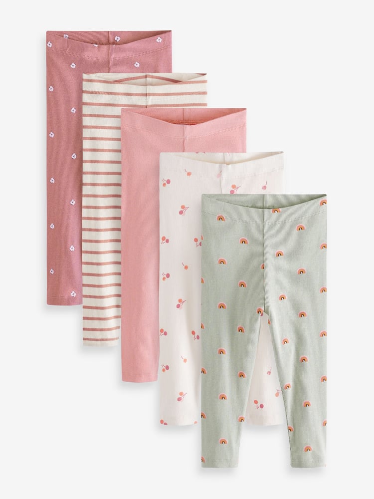 Pink Ditsy Rib Jersey Leggings 5 Pack (3mths-7yrs) - Image 1 of 3