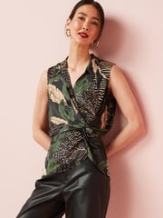 Brown Leaf Print Sleeveless Twist Blouse - Image 1 of 4