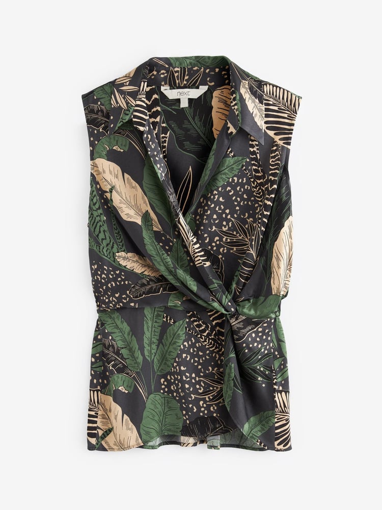 Brown Leaf Print Sleeveless Twist Blouse - Image 4 of 4