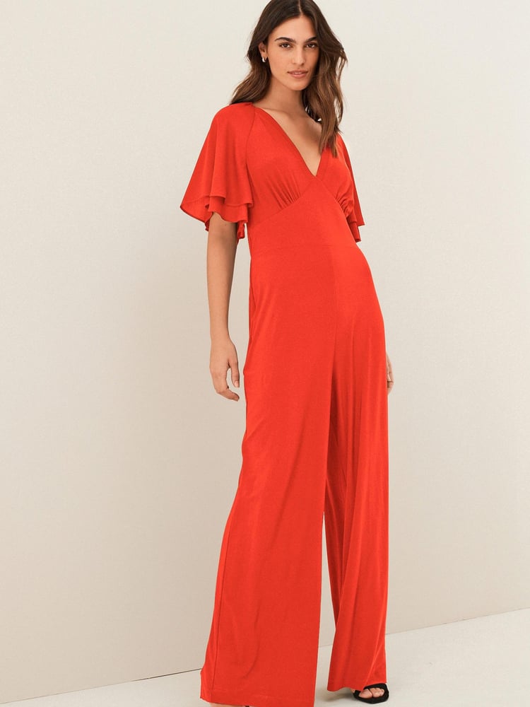 Red Flute Sleeve V-Neck Jumpsuit - Image 1 of 5