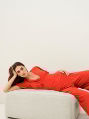 Red Flute Sleeve V-Neck Jumpsuit - Image 2 of 5