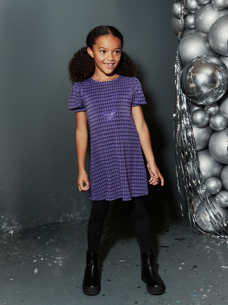 Purple Sequin Sparkle Jersey Dress (3-16yrs) - Image 1 of 5