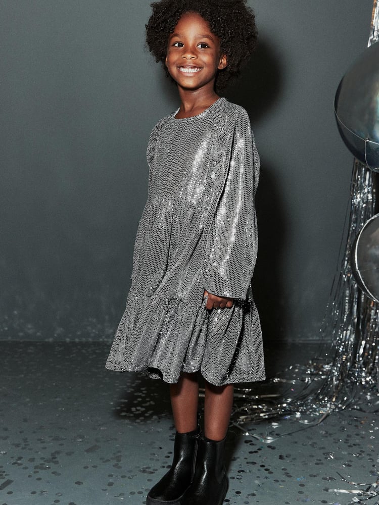 Silver Metallic Long Sleeve Sequin Dress (3-16yrs) - Image 2 of 9