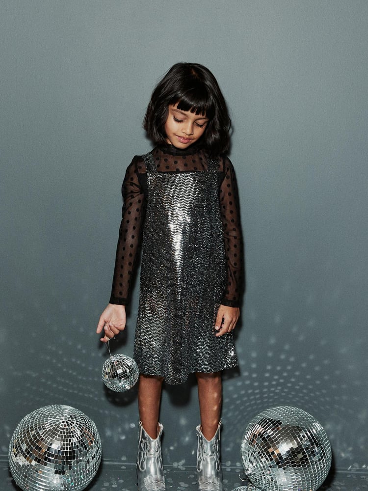 Black 2-In-1 Mesh Top And Silver Sequin Party Dress (3-16yrs) - Image 1 of 7