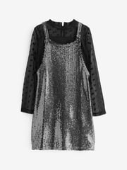 Black 2-In-1 Mesh Top And Silver Sequin Party Dress (3-16yrs) - Image 4 of 7