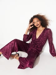 Berry Red Long Sleeve Sequin Jumpsuit - Image 1 of 6