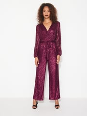 Berry Red Long Sleeve Sequin Jumpsuit - Image 2 of 6