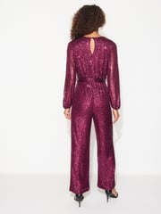 Berry Red Long Sleeve Sequin Jumpsuit - Image 3 of 6
