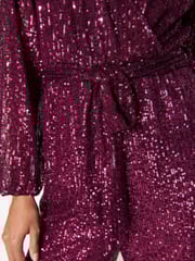 Berry Red Long Sleeve Sequin Jumpsuit - Image 4 of 6