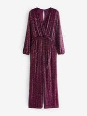 Berry Red Long Sleeve Sequin Jumpsuit - Image 5 of 6