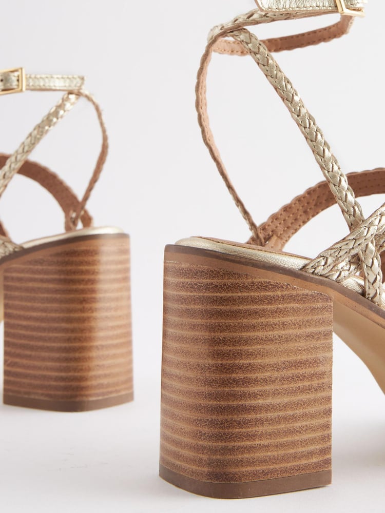 Gold Signature Leather Plait Strap Block Heel Sandals - Image 10 of 10
