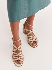 Gold Signature Leather Plait Strap Block Heel Sandals - Image 2 of 10