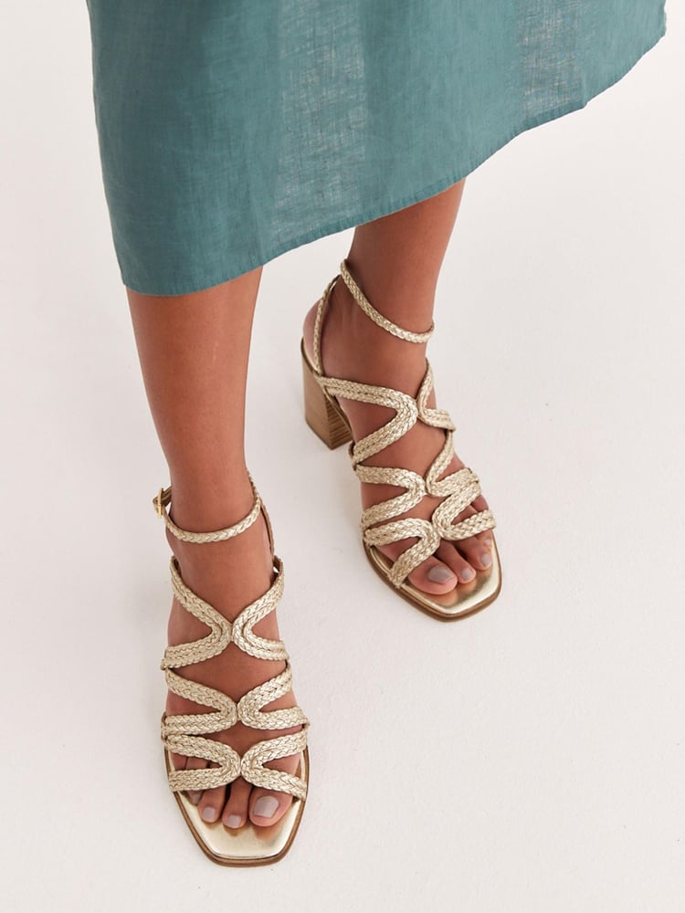 Gold Signature Leather Plait Strap Block Heel Sandals - Image 2 of 10
