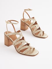 Gold Signature Leather Plait Strap Block Heel Sandals - Image 5 of 10