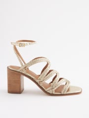 Gold Signature Leather Plait Strap Block Heel Sandals - Image 6 of 10