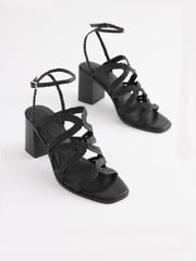 Black Signature Leather Plait Strap Block Heel Sandals - Image 1 of 5