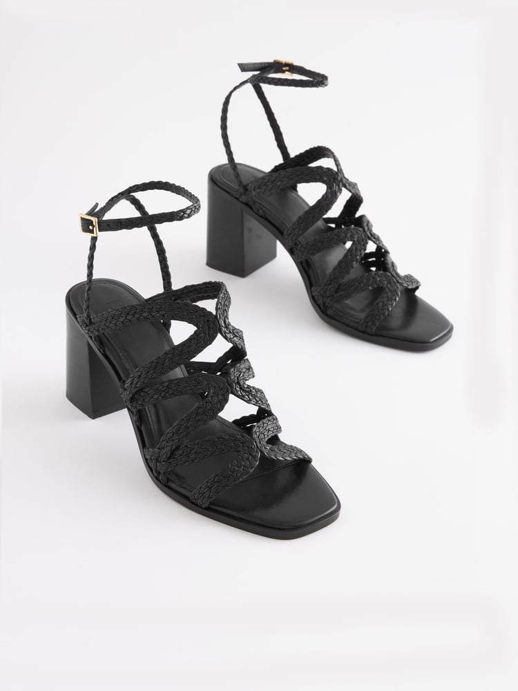Black Signature Leather Plait Strap Block Heel Sandals - Image 1 of 5 Black Signature Leather Plait Strap Block Heel Sandals - Image 1 of 5