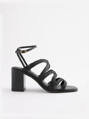 Black Signature Leather Plait Strap Block Heel Sandals - Image 2 of 5