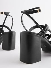 Black Signature Leather Plait Strap Block Heel Sandals - Image 3 of 5
